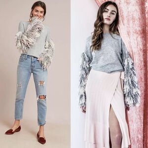 Tabula Rasa Gray/Pink Wool Alpaca Blend Rose Berber‎ Fringe Sweater Sz. S